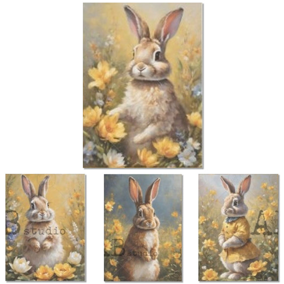 Four rice papers against a white background feature scenes of brown bunnies in fields of yellow and white flowers.