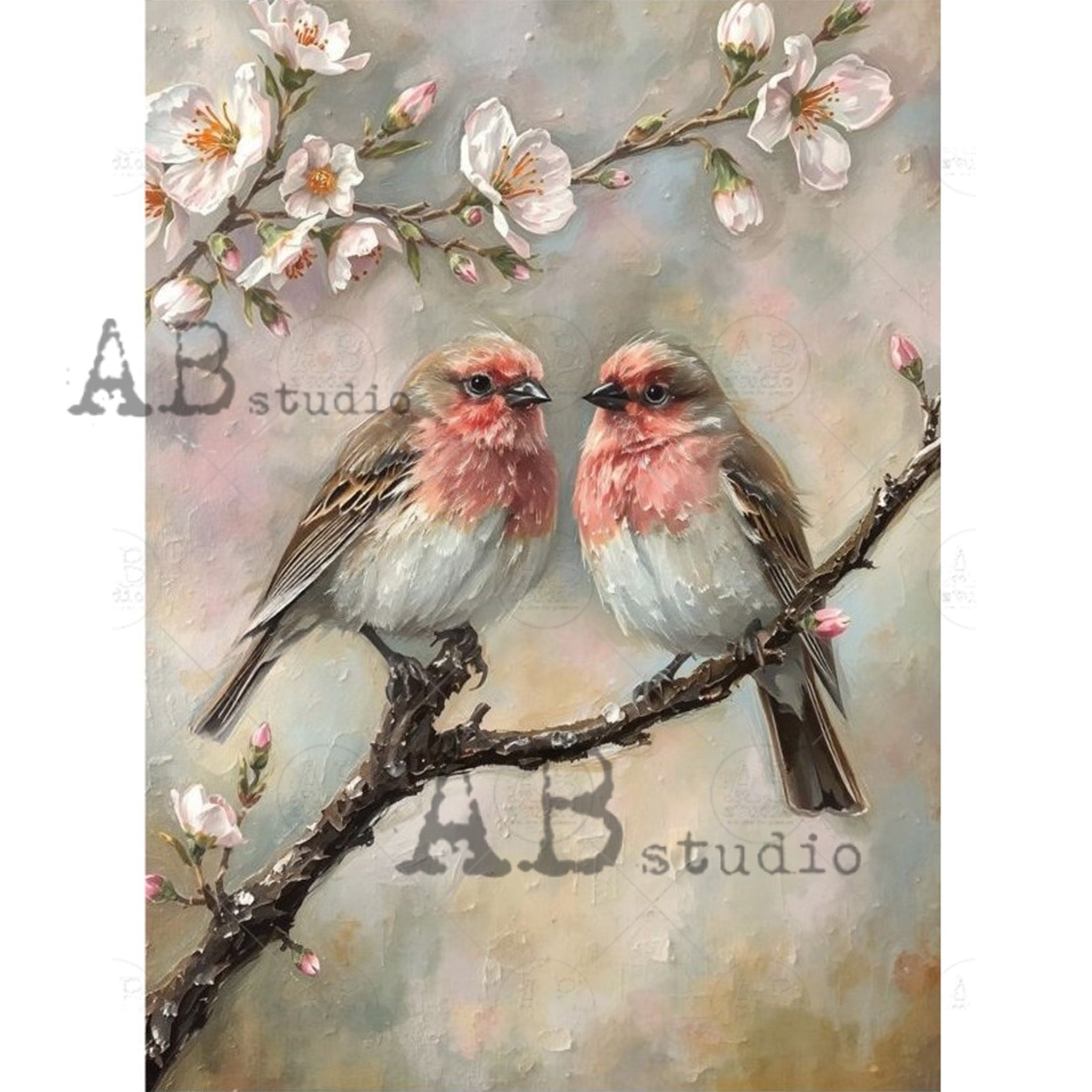 Rice paper featuring two love birds perched in a cherry blossom tree against a soft moody backdrop. White borders are on the sides.