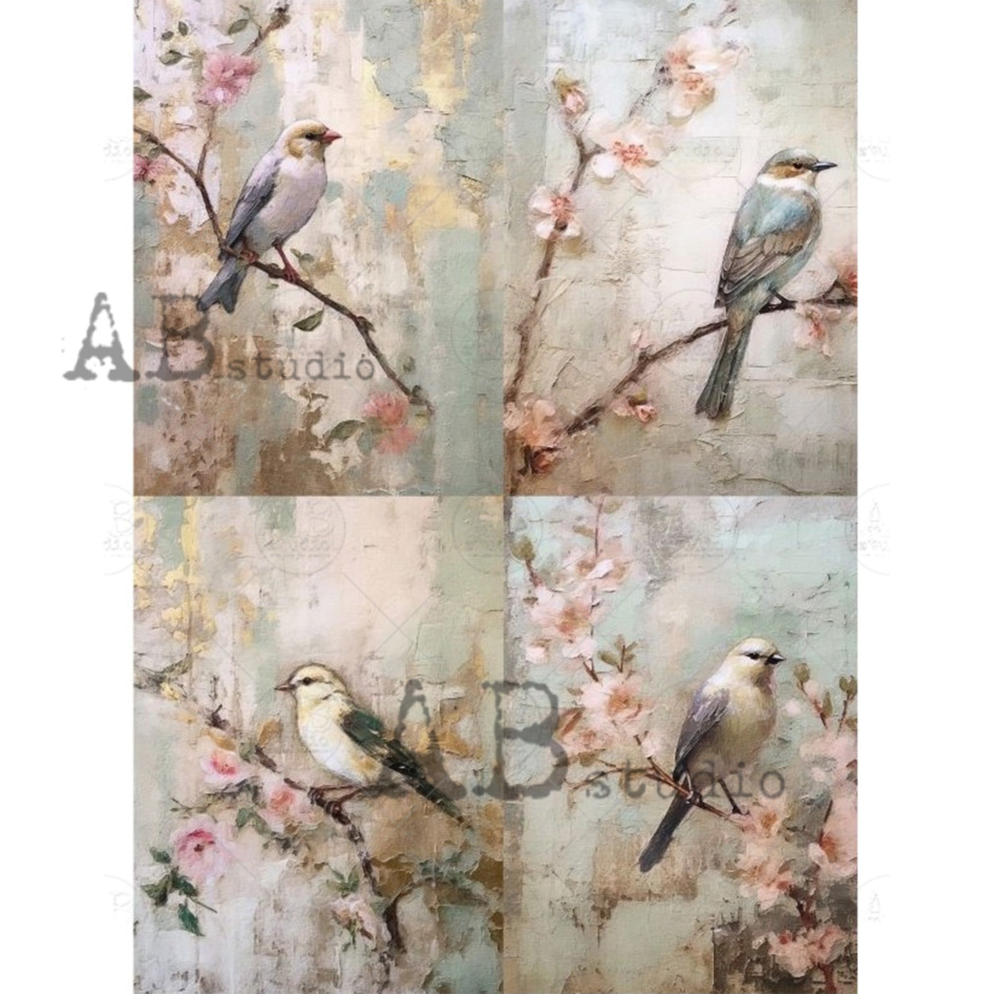 Rice paper design that features 4 images of birds perched on delicate cherry blossom branches against pale blue backdrops. White borders are on the sides.