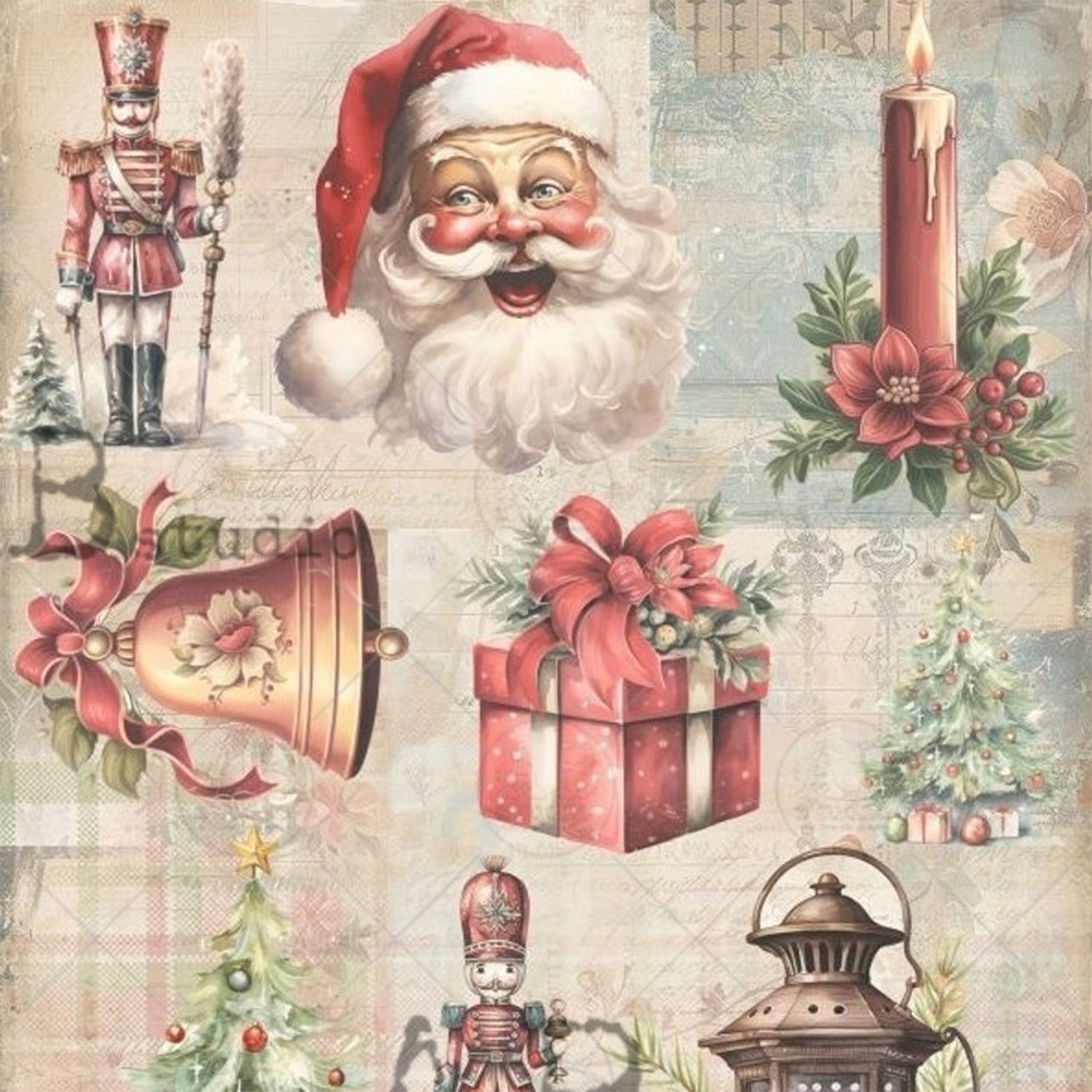 Close-up of a rice paper featuring small pictures of nutcrackers, Christmas trees, a jolly Santa, vintage lantern, a red present, a red candle stick, and a bell all against a faded wrapping paper collage.