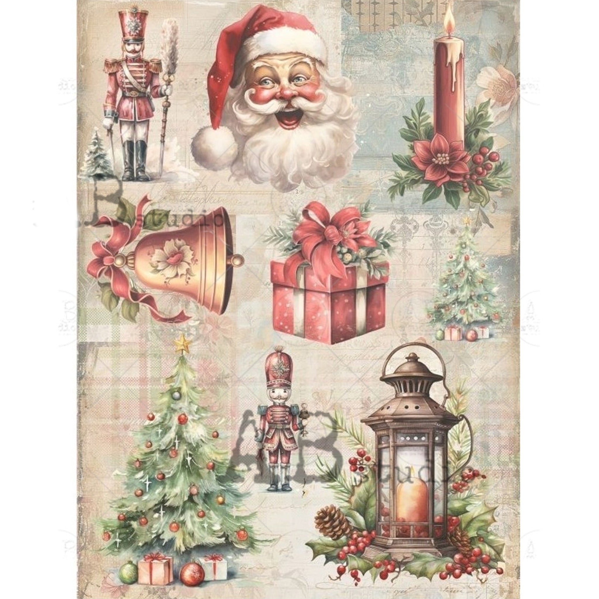 Rice paper featuring small pictures of nutcrackers, Christmas trees, a jolly Santa, vintage lantern, a red present, a red candle stick, and a bell all against a faded wrapping paper collage. White borders are on the sides.