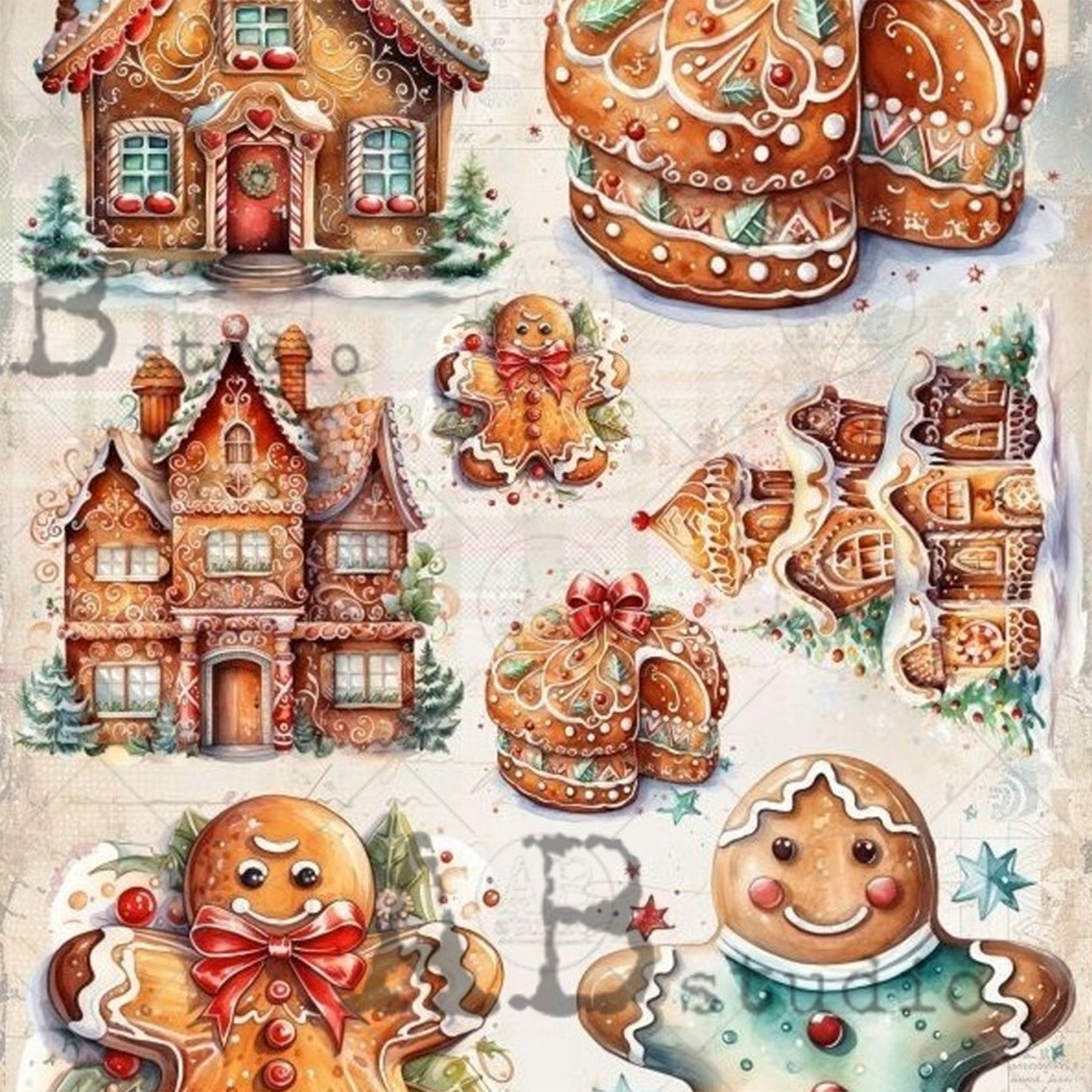 Close-up of a rice paper featuring delicious scenes of gingerbread houses and cookies.