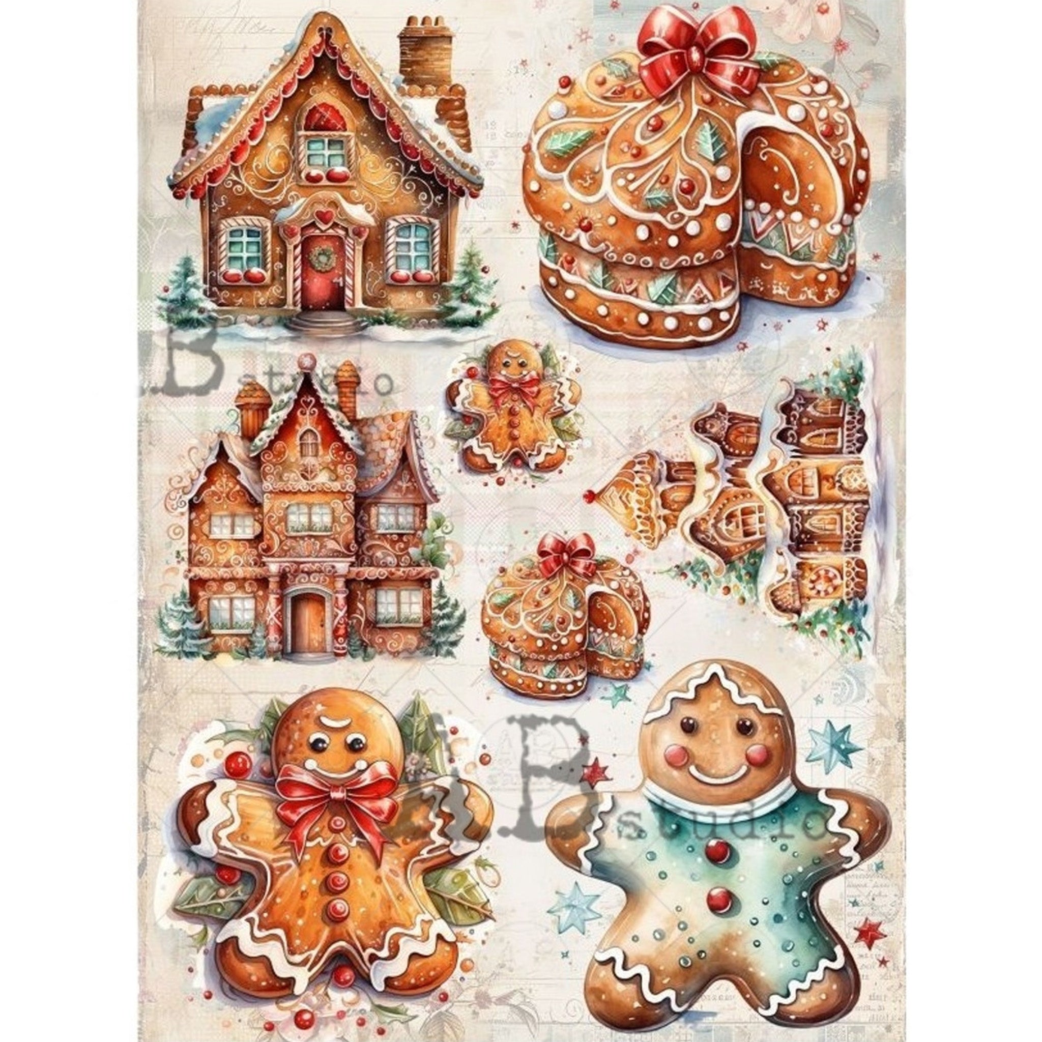 Rice paper featuring delicious scenes of gingerbread houses and cookies. White borders are on the sides.