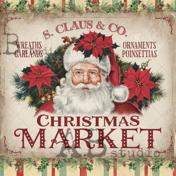 Advertisement for S. Claus & Co Christmas Market with Santa Claus and festive decorations.