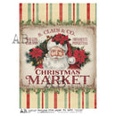 Vintage-style Christmas paper with Santa Claus and festive decorations on a striped background