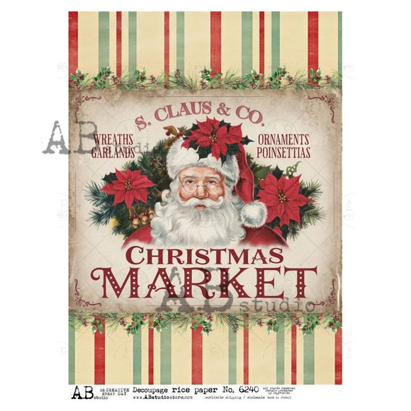 Vintage-style Christmas paper with Santa Claus and festive decorations on a striped background