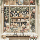 Decorative window display with teddy bears, Christmas trees, and ornaments.