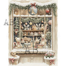Decorative Christmas scene with a window display featuring teddy bears and ornaments.