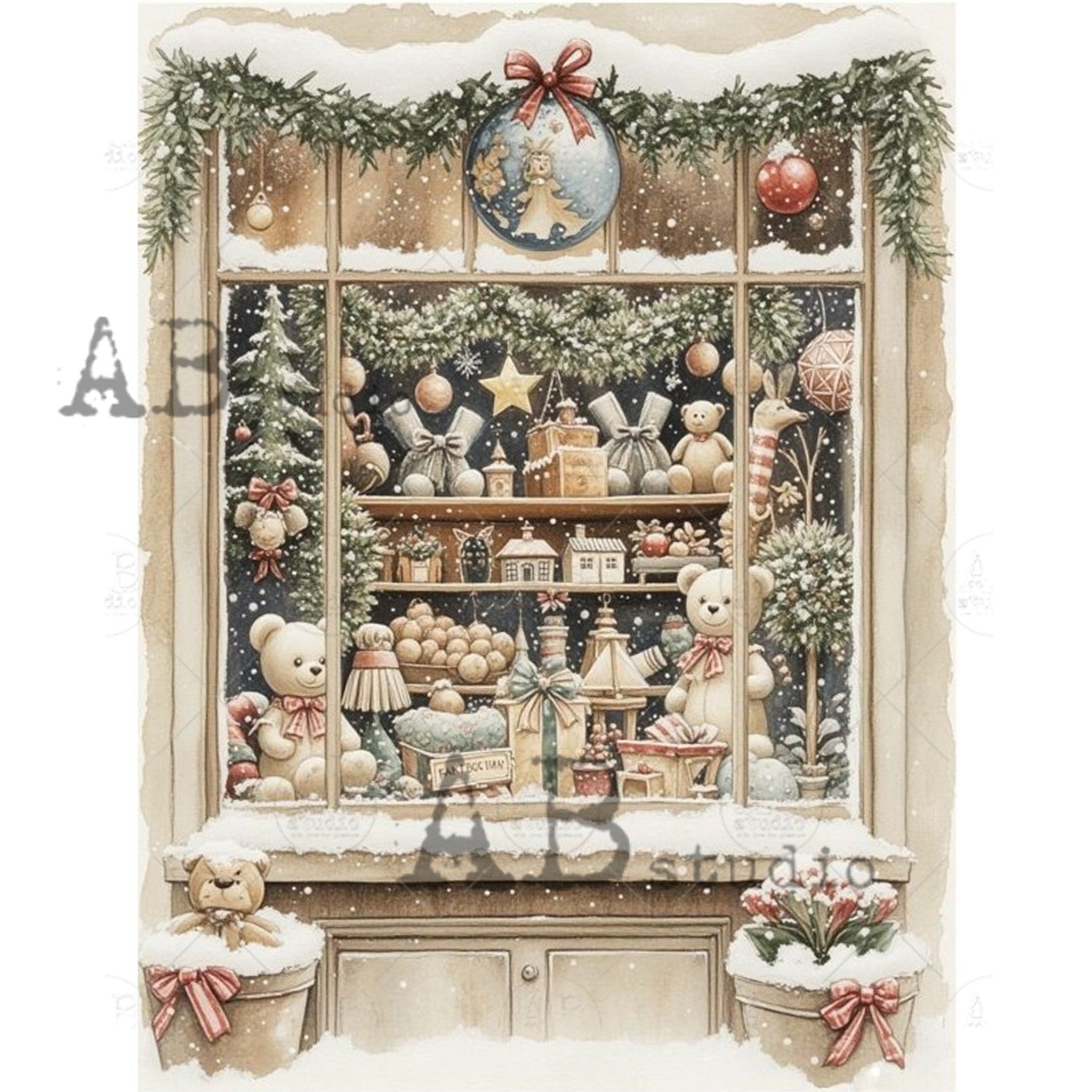 Decorative Christmas scene with a window display featuring teddy bears and ornaments.