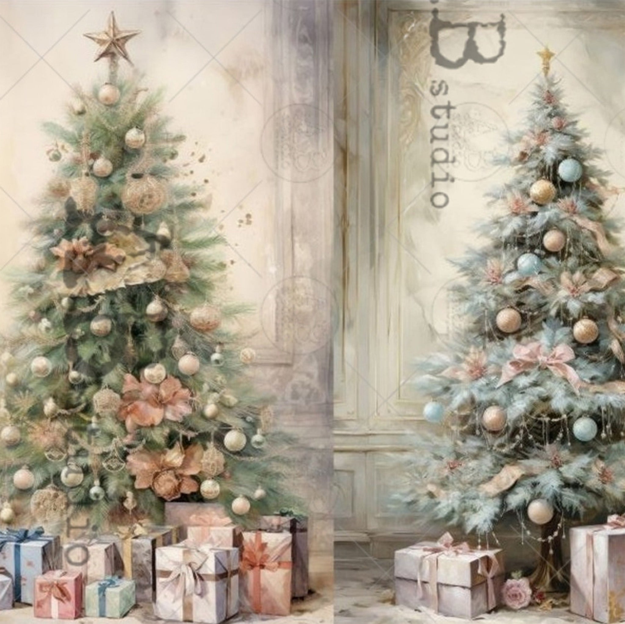 Close-up of a rice paper featuring 2 vintage scenes of fully dressed Christmas Trees surrounded by presents.