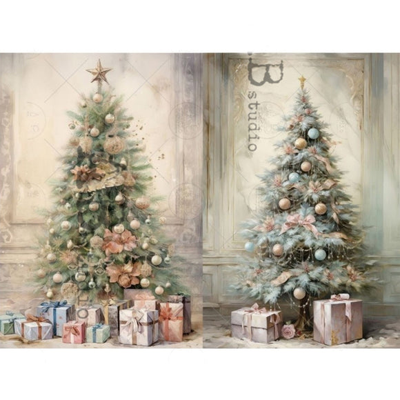 Rice paper featuring 2 vintage scenes of fully dressed Christmas Trees surrounded by presents. White borders are on the top and bottom.