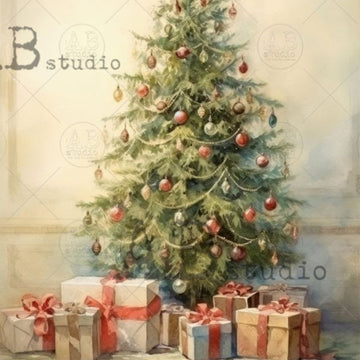 Close-up of a rice paper featuring a vintage Christmas tree surrounded by wrapped presents.