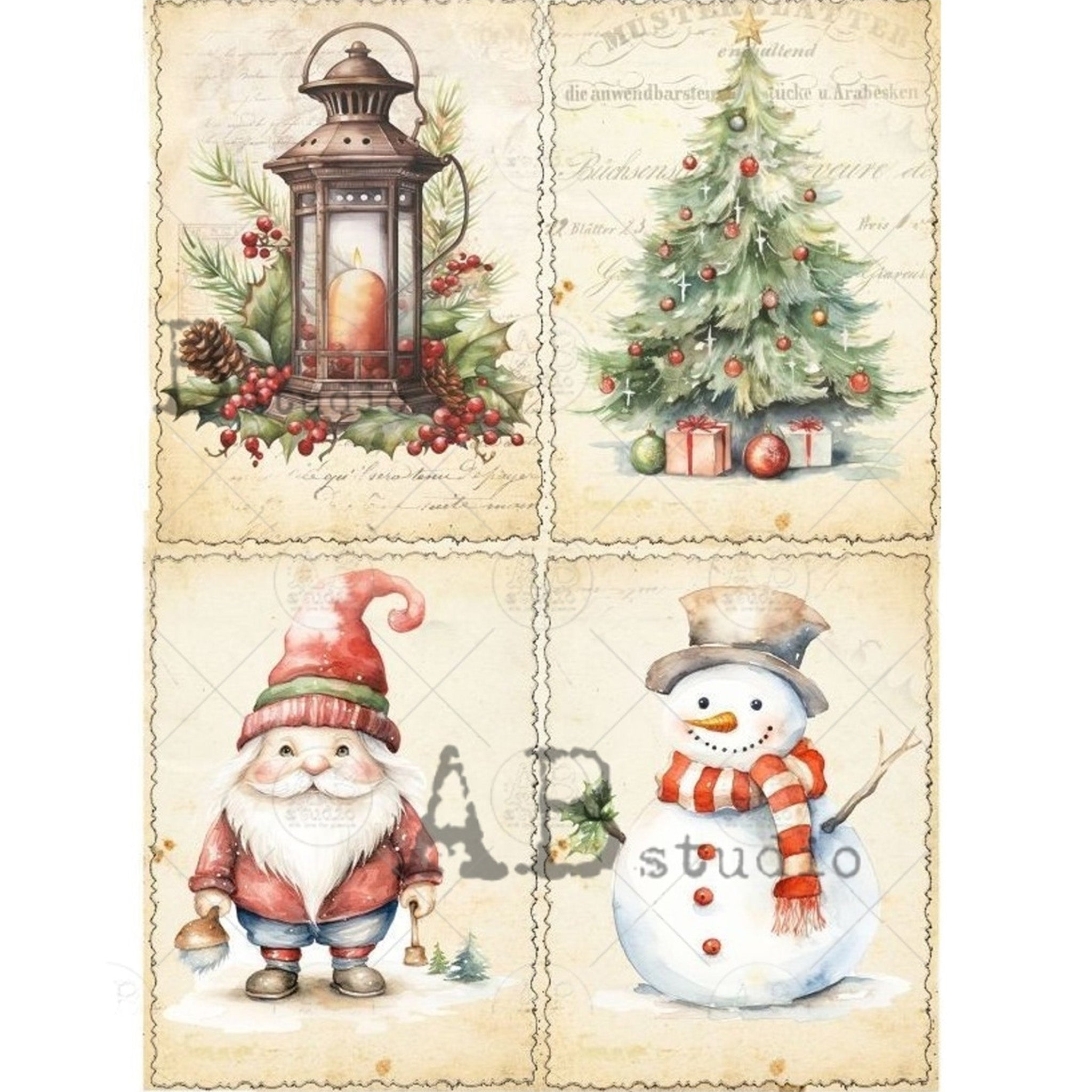 Rice paper that features 4 designs that include a lantern, Christmas tree, a Santa gnome, and a snowman all against vintage parchment. White borders are on the sides.