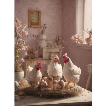 AB Studio Cottagecore Hen Trio A4 rice decoupage paper design with three white hens and pastel eggs in a soft pink shabby chic farmhouse room