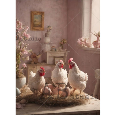 AB Studio Cottagecore Hen Trio A4 rice decoupage paper design with three white hens and pastel eggs in a soft pink shabby chic farmhouse room