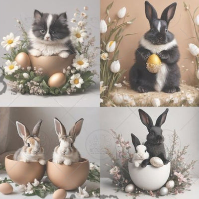 Closeup of AB Studio vintage Easter bunny and kitten collage images on A4 rice decoupage paper with eggs and spring flowers