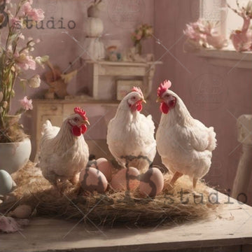 Closeup of AB Studio Cottagecore Hen Trio A4 rice decoupage paper featuring three white hens standing on straw with pastel Easter eggs and spring blossoms