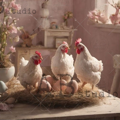 Closeup of AB Studio Cottagecore Hen Trio A4 rice decoupage paper featuring three white hens standing on straw with pastel Easter eggs and spring blossoms