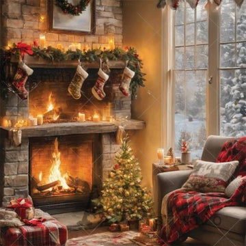 Cozy living room with a fireplace, stockings, and Christmas tree.