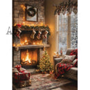 Cozy living room with a fireplace, stockings, and Christmas decorations.