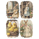 A4 rice paper against a white background features 3 scenes of bunnies in dresses and 1 scene of baby yellow chicks in a wicker basket.