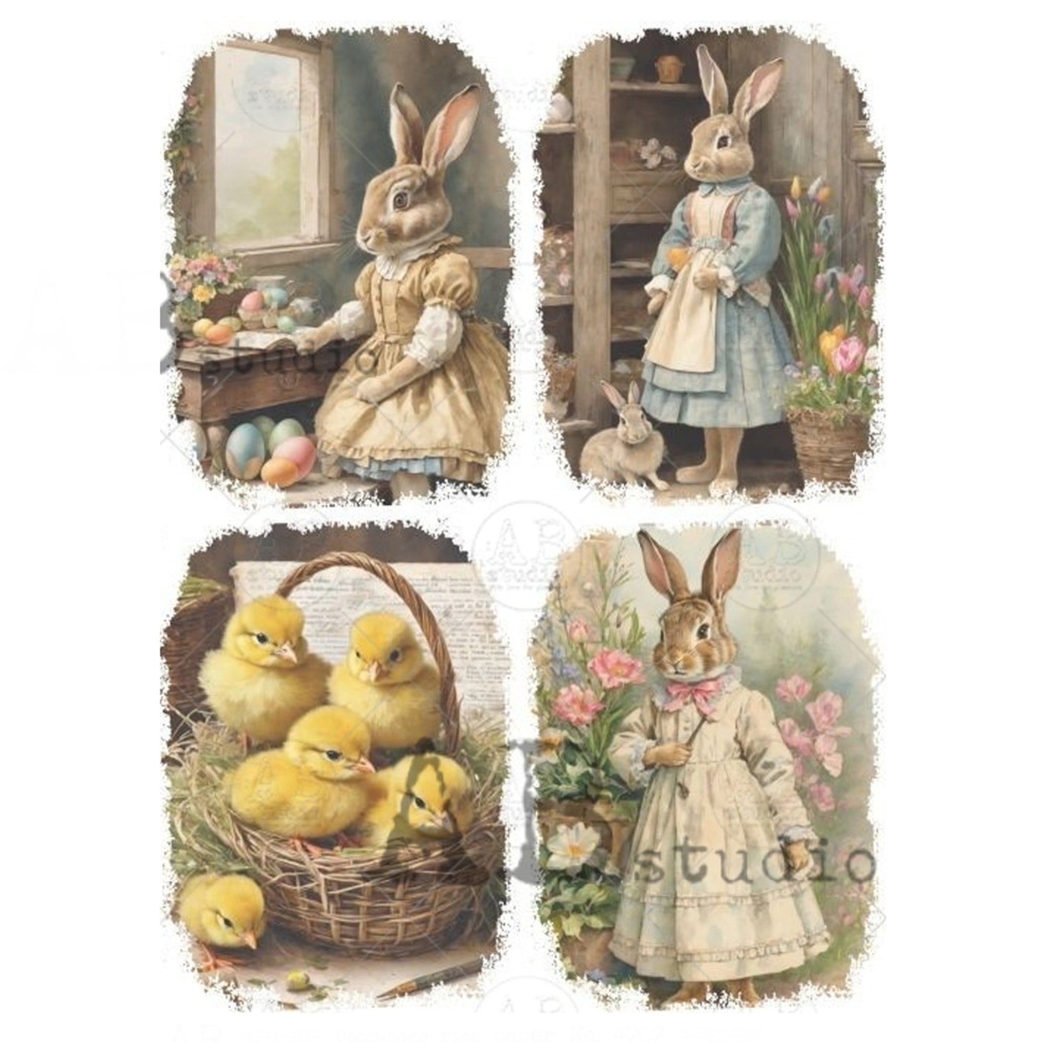 A4 rice paper against a white background features 3 scenes of bunnies in dresses and 1 scene of baby yellow chicks in a wicker basket.