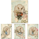 Four rice papers against a white background feature pastel scenes of bunnies in clothing holding flowers, set against vintage backgrounds.