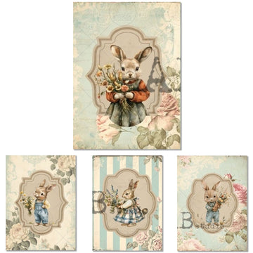 Four rice papers against a white background feature pastel scenes of bunnies in clothing holding flowers, set against vintage backgrounds.
