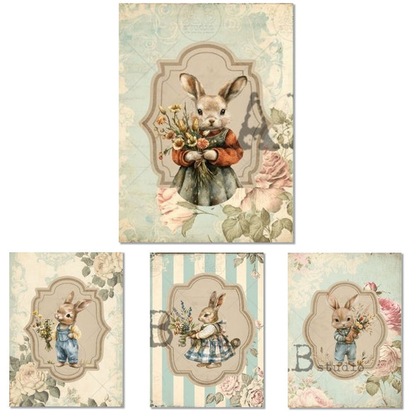 Four rice papers against a white background feature pastel scenes of bunnies in clothing holding flowers, set against vintage backgrounds.