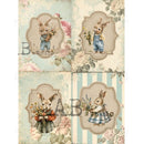 Four rice papers against a white background feature pastel scenes of bunnies in clothing holding flowers, set against vintage backgrounds.