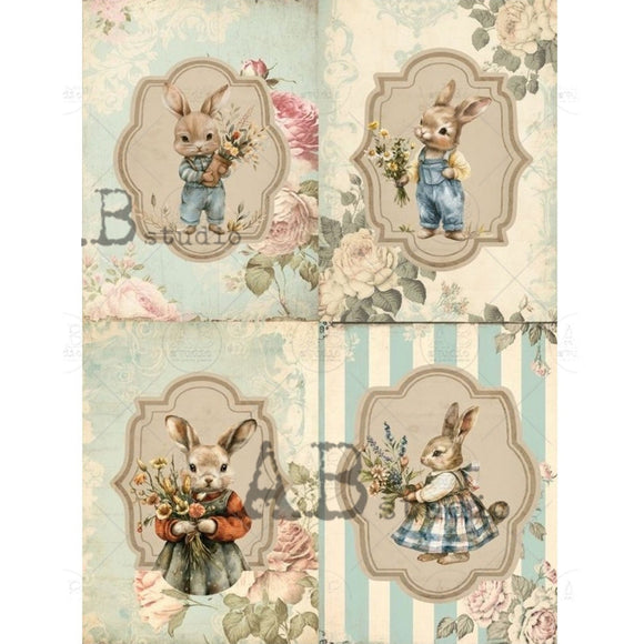 Four rice papers against a white background feature pastel scenes of bunnies in clothing holding flowers, set against vintage backgrounds.