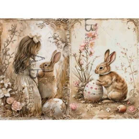 Rice paper featuring 2 designs of bunnies and eggs surrounded by flowers, one with a little girl. White borders are on the top and bottom.