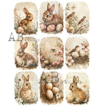 Rice paper featuring 9 cute scenes of brown bunnies, colorful flowers, easter eggs, and sweet birds is against a white background.