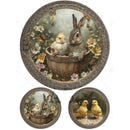 Rice paper that features three round images of bunnies and chicks with a frame border.