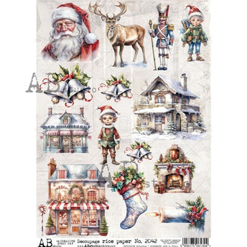 A4 rice paper featuring small colorful drawings of elves, Santa, reindeer, a Nutcracker, silver bells, a stocking, a fireplace, a cabin, and workshops.