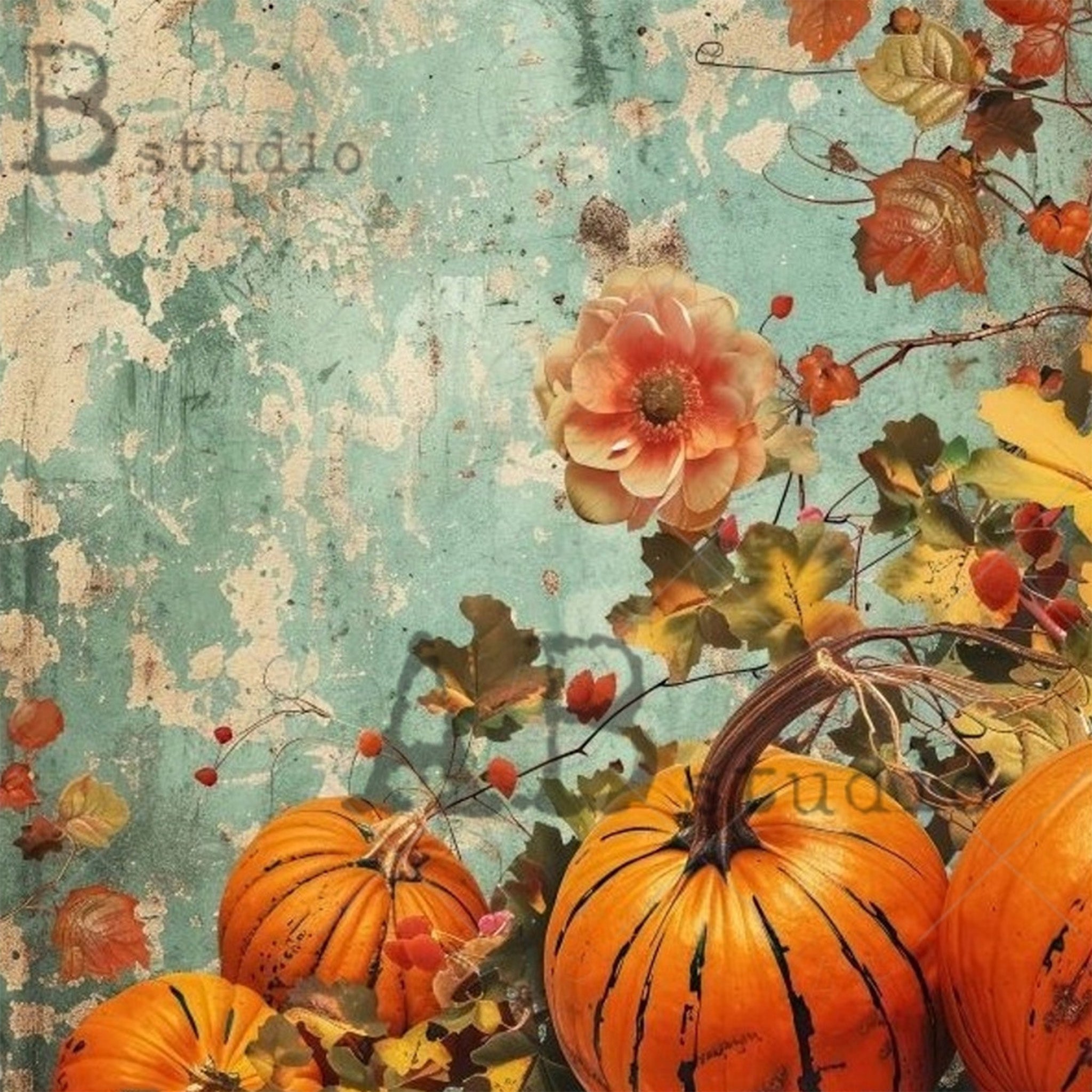 Close-up of a rice paper featuring pumpkins and flower blooms against a grungy aqua background.