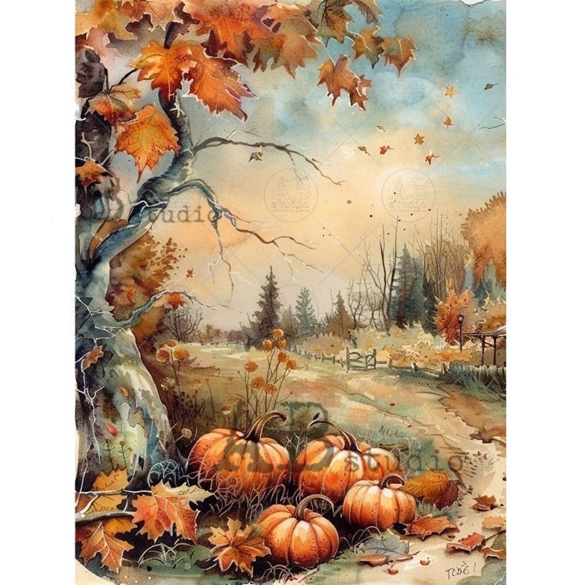 Rice paper design that features a charming scene of pumpkins nestled under a twisted tree along a lone country road. White borders are on the sides.