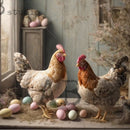 AB Studio Farmhouse Chickens & Eggs A4 rice decoupage paper design with two chickens and pastel Easter eggs in a vintage farmhouse room
