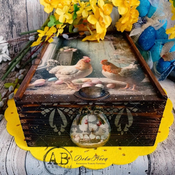 Farmhouse Chickens & Eggs decoupage paper applied to a rustic wooden box with pastel Easter eggs and spring florals