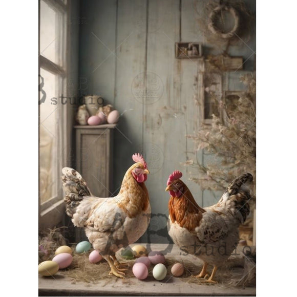 AB Studio Farmhouse Chickens & Eggs A4 rice decoupage paper full sheet with hens, rooster, and pastel eggs for spring farmhouse dŽcor