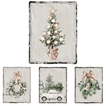 Rice papers that features 4 scenes including Christmas wreaths, trees, and a VW Bug car with a tree on top are against a white background.
