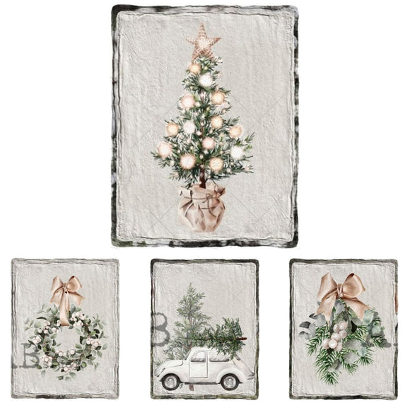 Rice papers that features 4 scenes including Christmas wreaths, trees, and a VW Bug car with a tree on top are against a white background.