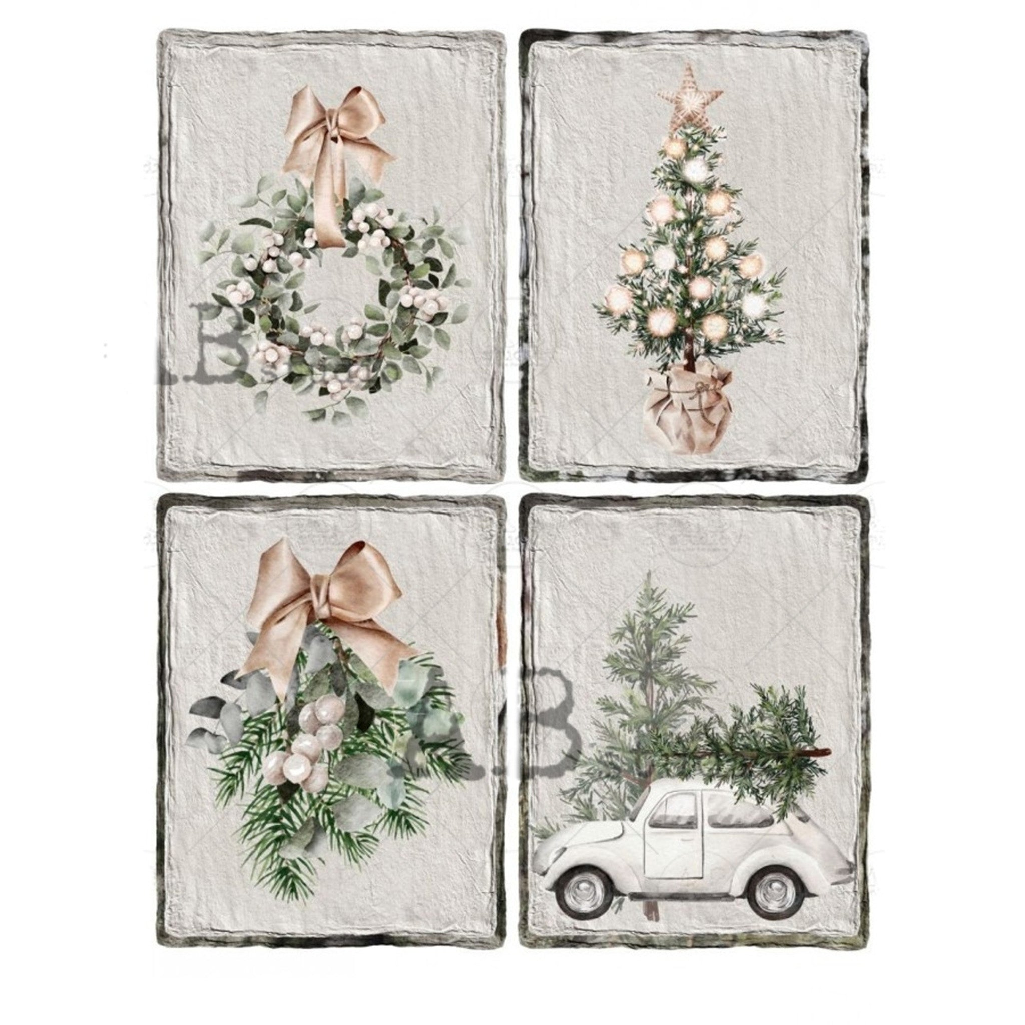 Rice paper that features 4 scenes including Christmas wreaths, trees, and a VW Bug car with a tree on top are against a white background.