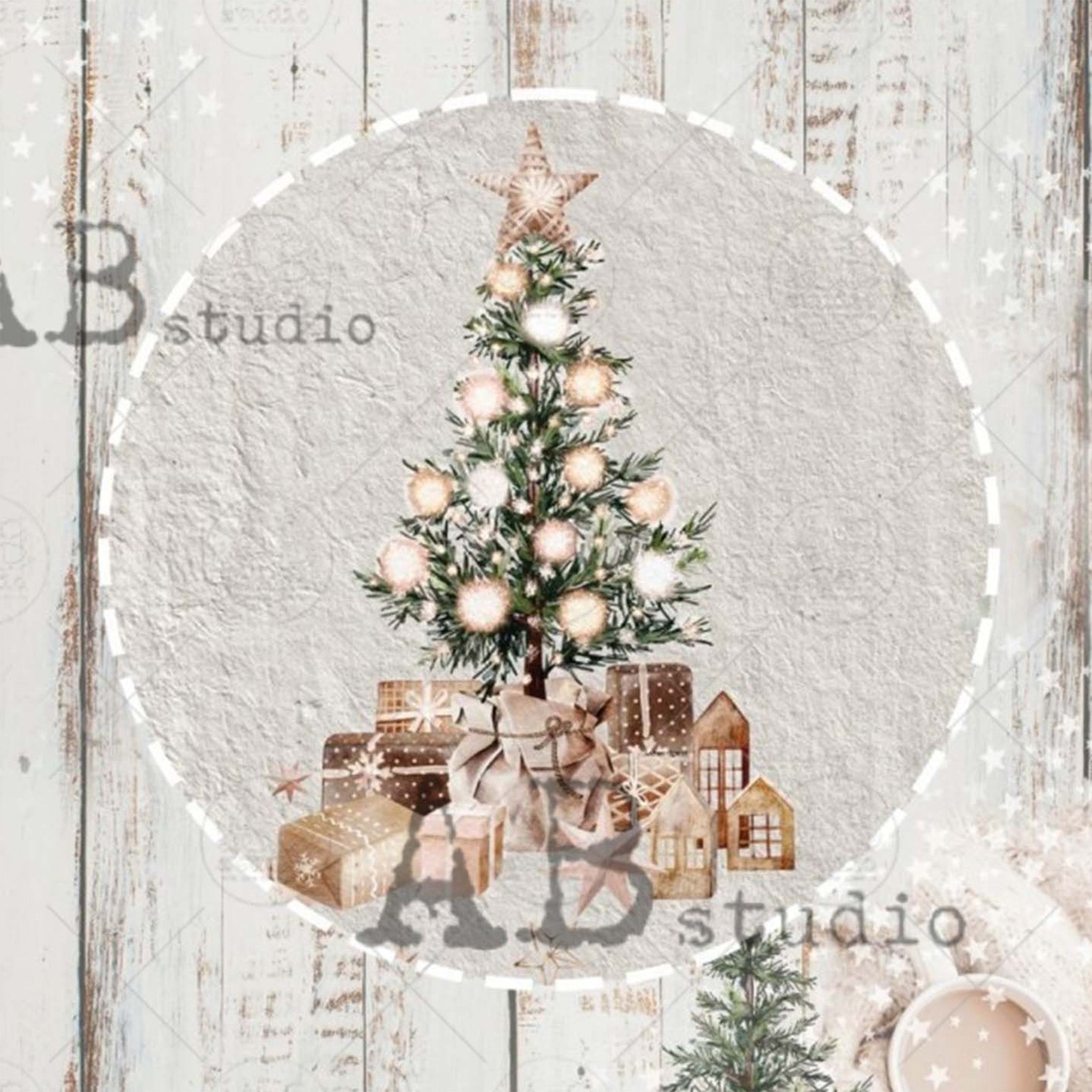 Close-up of an A4 rice paper design that features a shabby chic barn wood background that has a beautiful central Christmas tree design with gifts underneath.