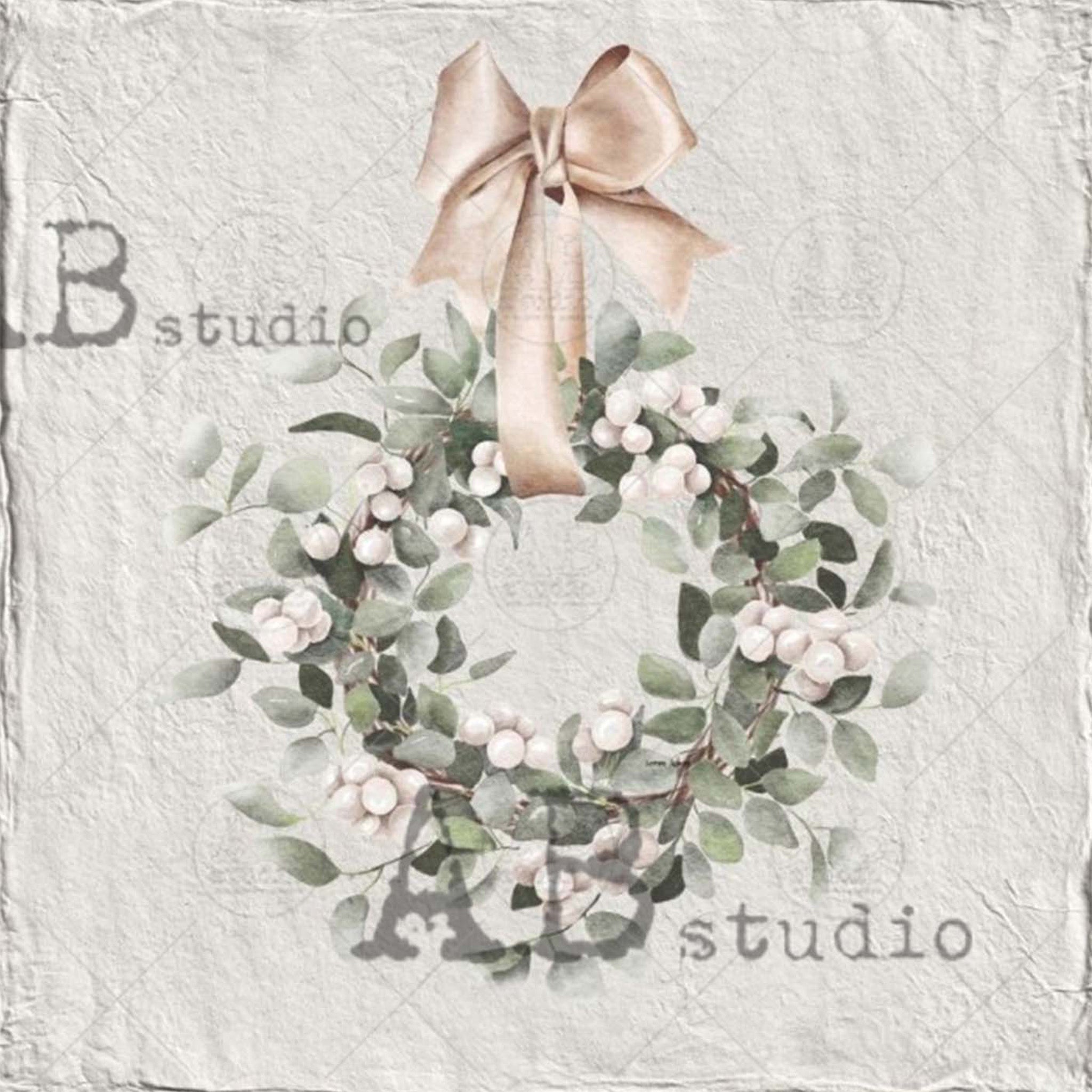 Close-up of an A4 rice paper design that features a country wreath against a distressed gray backdrop with Christmas words bordering the top and bottom.