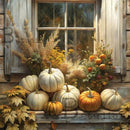 Autumn scene with pumpkins and flowers on a windowsill.