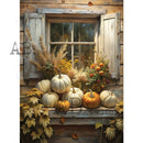 Autumn scene with pumpkins and flowers on a windowsill in front of a wooden window.