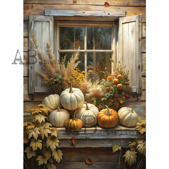 Autumn scene with pumpkins and flowers on a windowsill in front of a wooden window.