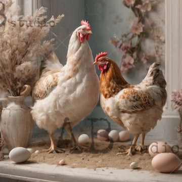 Closeup of AB Studio Farmhouse Hens & Eggs A4 rice decoupage paper featuring two farmhouse hens with speckled eggs