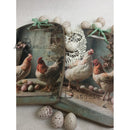 AB Studio Farmhouse Hens & Eggs A4 rice decoupage paper shown on rustic cutting boards with hens and speckled eggs